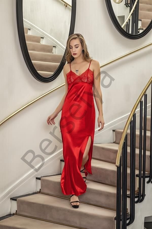 Dantelli Uzun Yırbrfaçlı Saten Gecelik Elbise String Takım Kırmızı (brf31512)