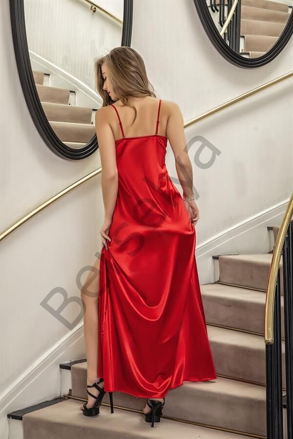 Dantelli Uzun Yırbrfaçlı Saten Gecelik Elbise String Takım Kırmızı (brf31512)