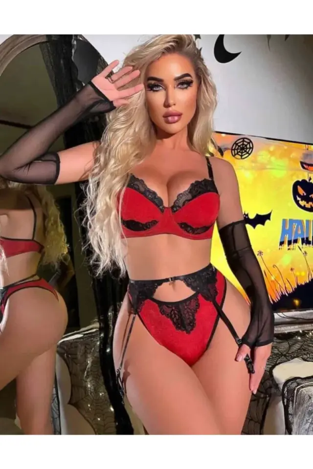 Kırmızı Dantel Detaylı Seksi Jartiyer Takım + Jartiyer Çorabı Hediyeli