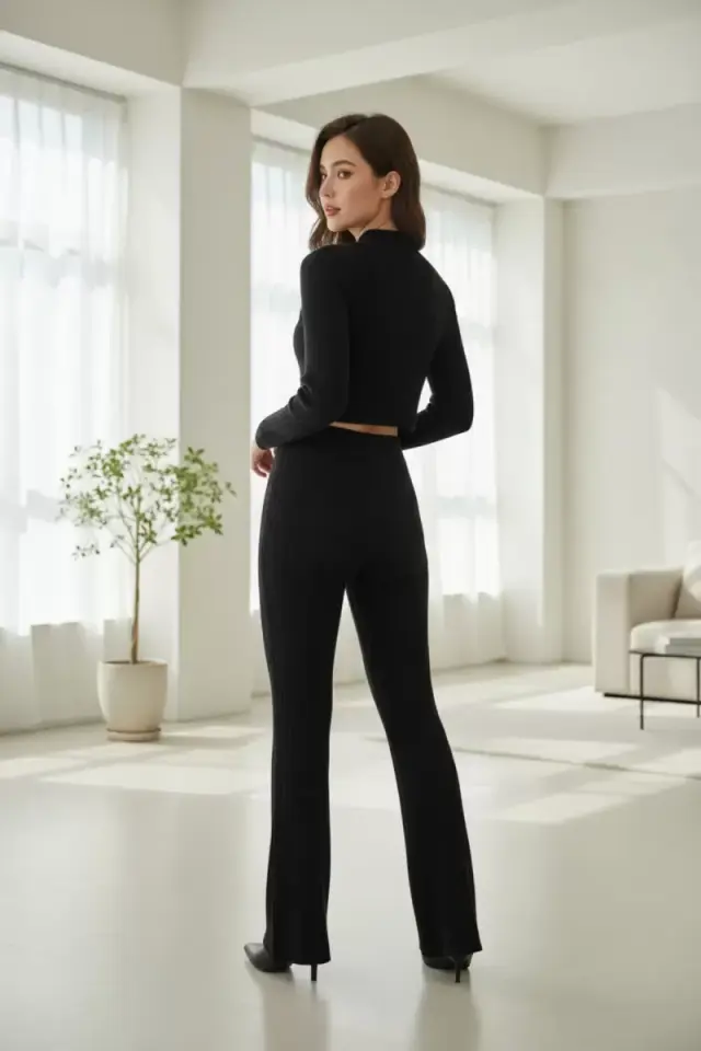 Kadın Siyah Fitilli Crop Uzun Kollu Üst Paça Pantolon Eşofman Takımı Şık 2’li Set
