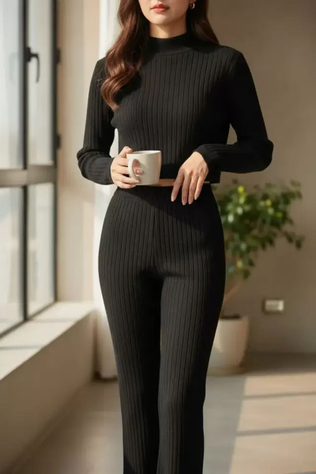 Kadın Siyah Fitilli Crop Uzun Kollu Üst Paça Pantolon Eşofman Takımı Şık 2’li Set