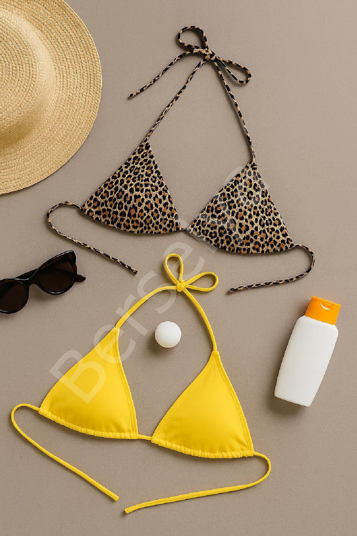 Kadın Leopar Desenli Ve Sarı Minimal Kesim Üçgen Bikini Üstü