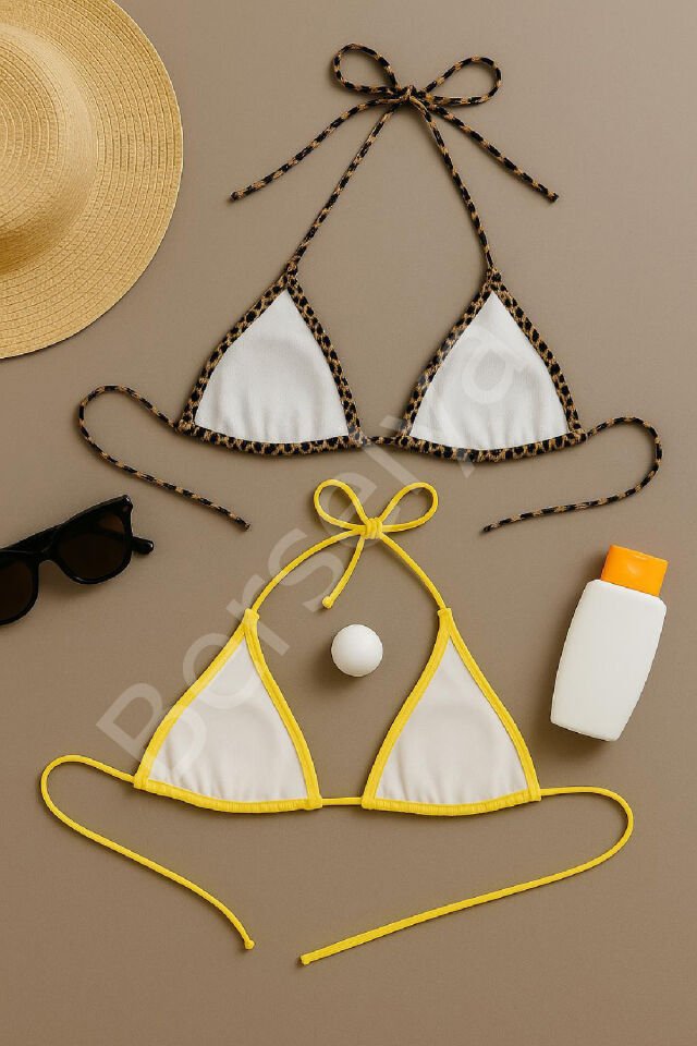 Kadın Leopar Desenli Ve Sarı Minimal Kesim Üçgen Bikini Üstü