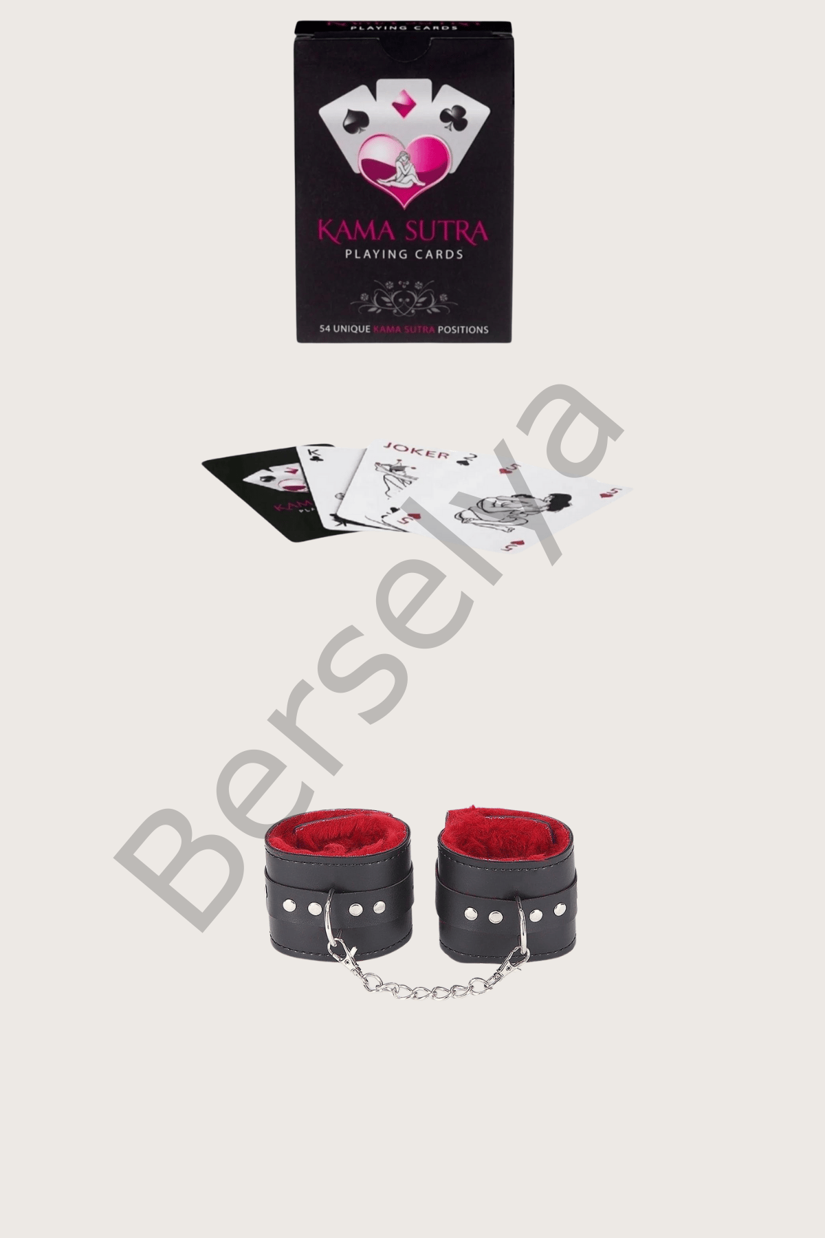 Sexy Görselli Oyun Kartı Kama Sutra Siyah Kırmızı Kelepçe Set