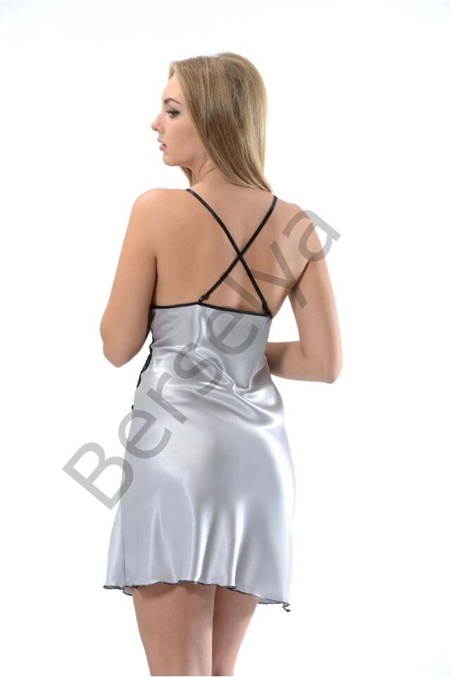 Gri Dantelli Saten Gecelik - M-386