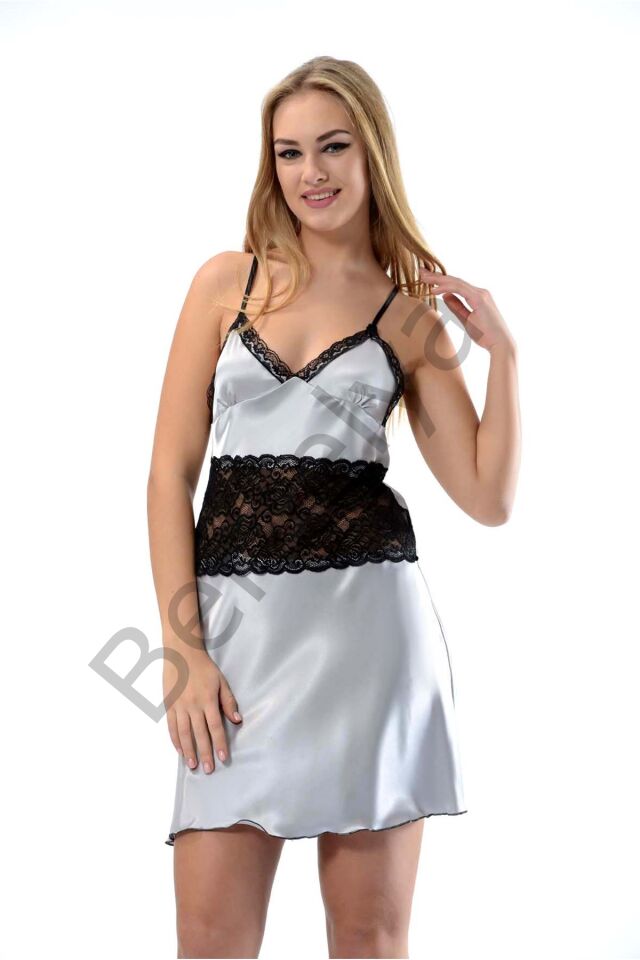 Gri Dantelli Saten Gecelik - M-386