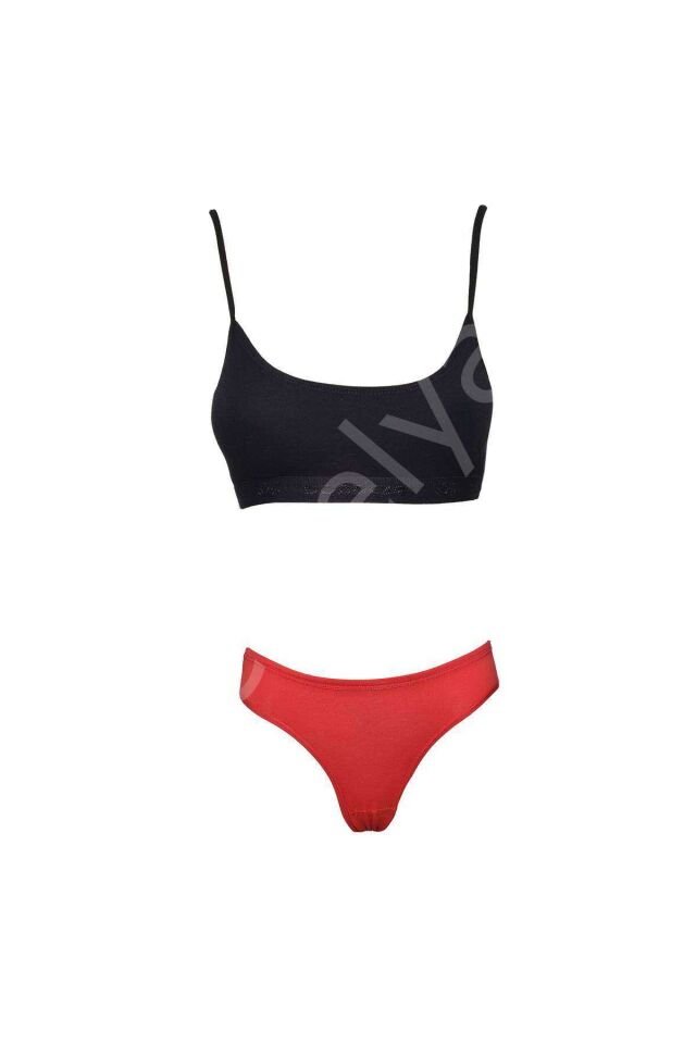 Pedli İp Askılı Yarım Atlet Büstiyer Külot Takım Siyah Kırmızı