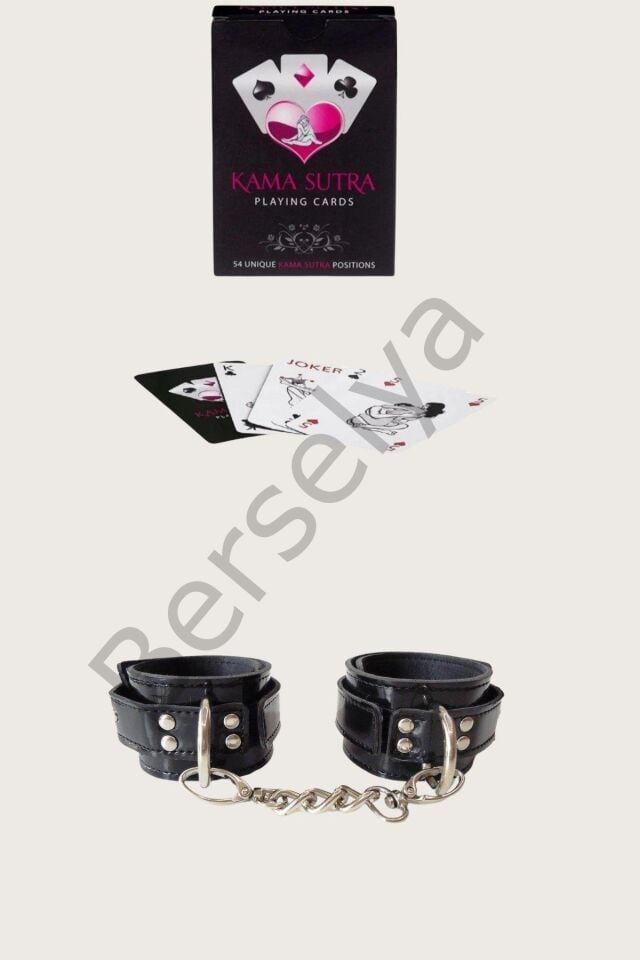 Sexy Görselli Oyun Kartı Kama Sutra Siyah Kelepçe Set