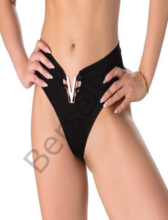 V Metal Aksesuarlı Fantezi Siyah String Tanga