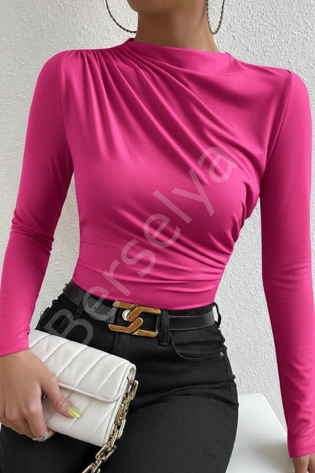 Kadın Fuşya Belden Ve Boyundan Büzgü Detaylı Uzun Kollu Bluz