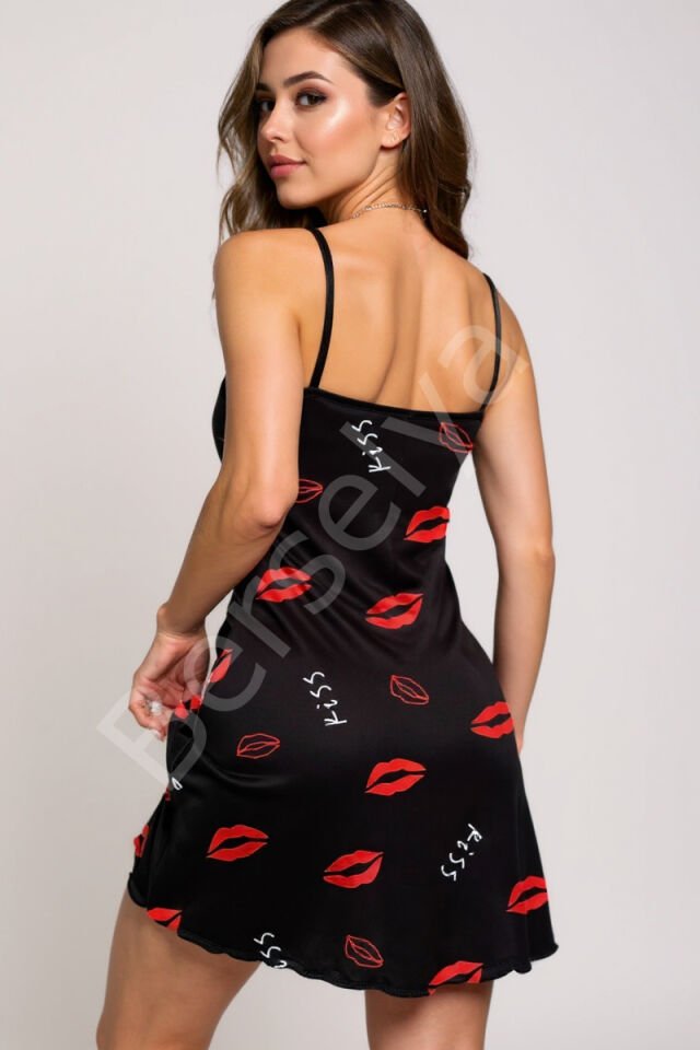 Dudak Desenli Siyah Askılı Gecelik