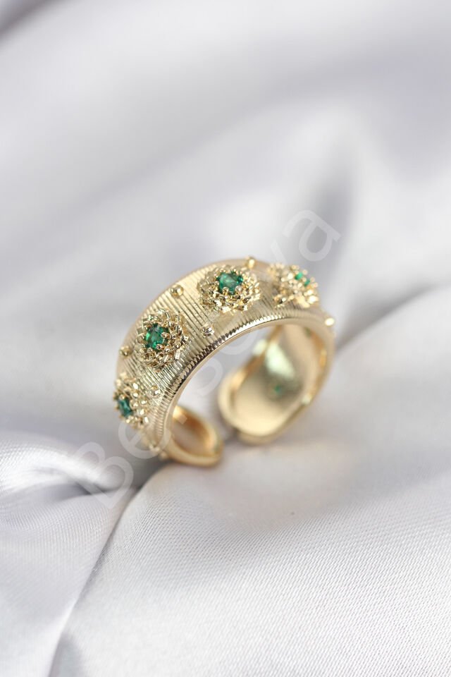 Yeşil Zirkon Taşlı Gold Renk Vintage Kadın Yüzük