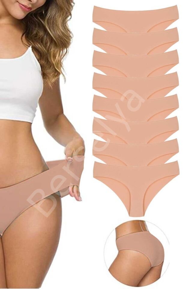 8 Adet Kadın Dikişsiz Lazer Kesim Esnek İz yapmayan Külot Ten L-XL