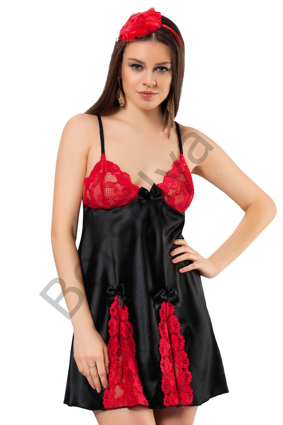 Siyah Kırmızı Saten Gecelik - M-309