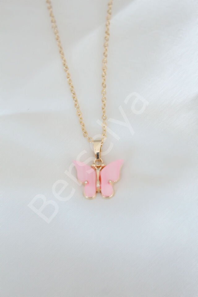 Gold Kaplama Pembe Sedefli Kelebek Kolye