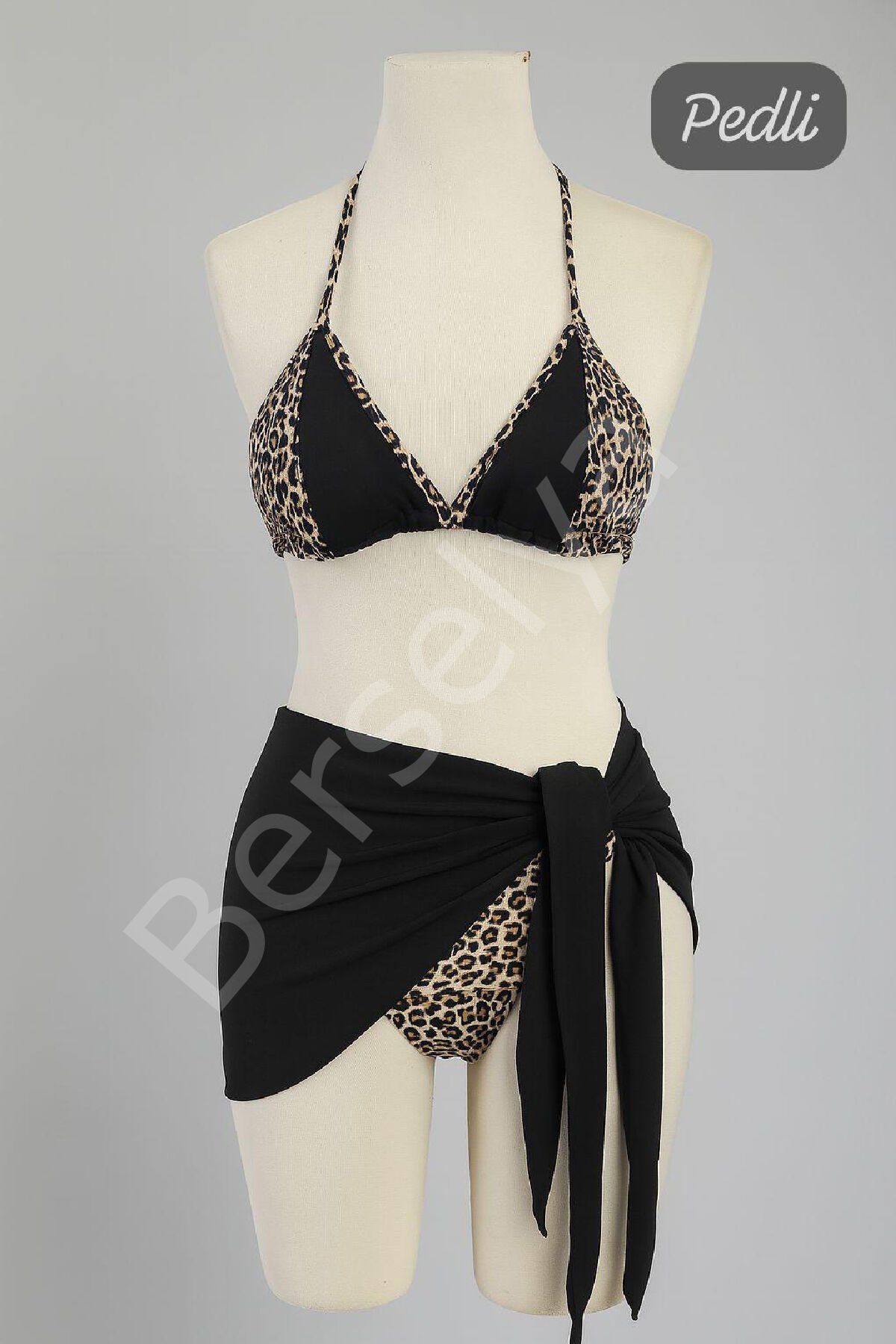Kadın Siyah Ve Leopar Desenli Pareolu 3'lü Bikini Takımı