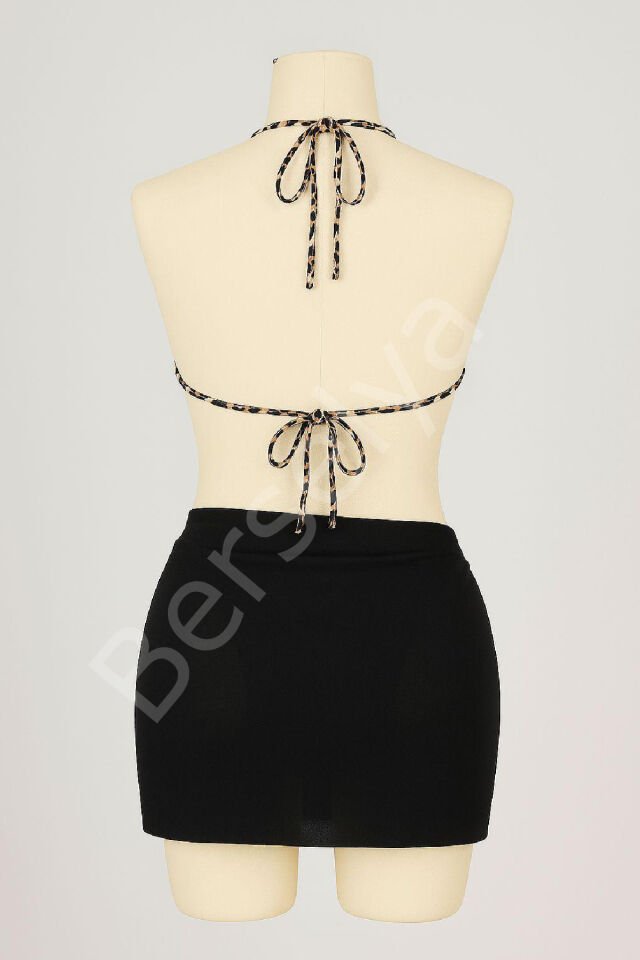 Kadın Siyah Ve Leopar Desenli Pareolu 3'lü Bikini Takımı