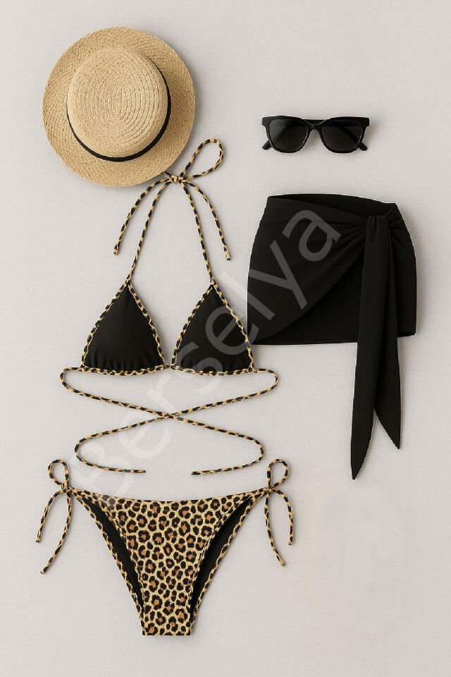 Kadın Siyah Ve Leopar Desenli Pareolu 3'lü Bikini Takımı