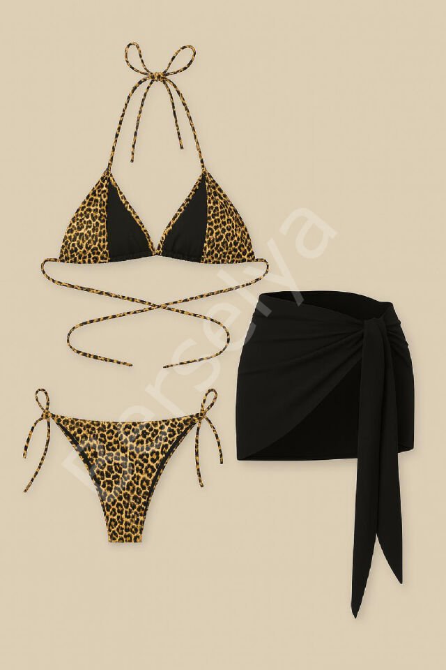Kadın Siyah Ve Leopar Desenli Pareolu 3'lü Bikini Takımı