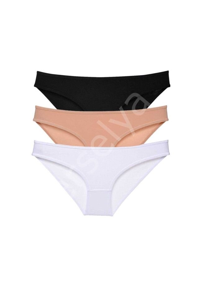 3 adet Süper Eko Set Likralı Kadın Slip Külot Siyah Ten Beyaz M