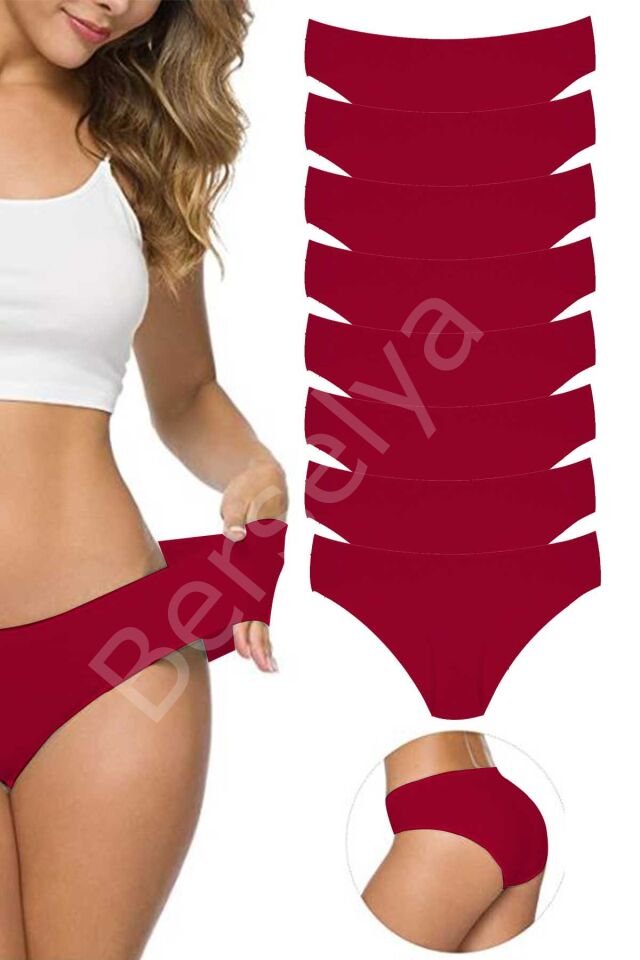 8 Adet Kadın Dikişsiz Lazer Kesim Esnek İz yapmayan Külot Bordo L-XL