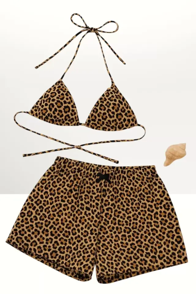 Leopar Desenli Şortlu Bağlamalı Bikini Takımı Üçgen Kesim Ayarlanabilir Esnek Kumaş Kadın Mayo Seti