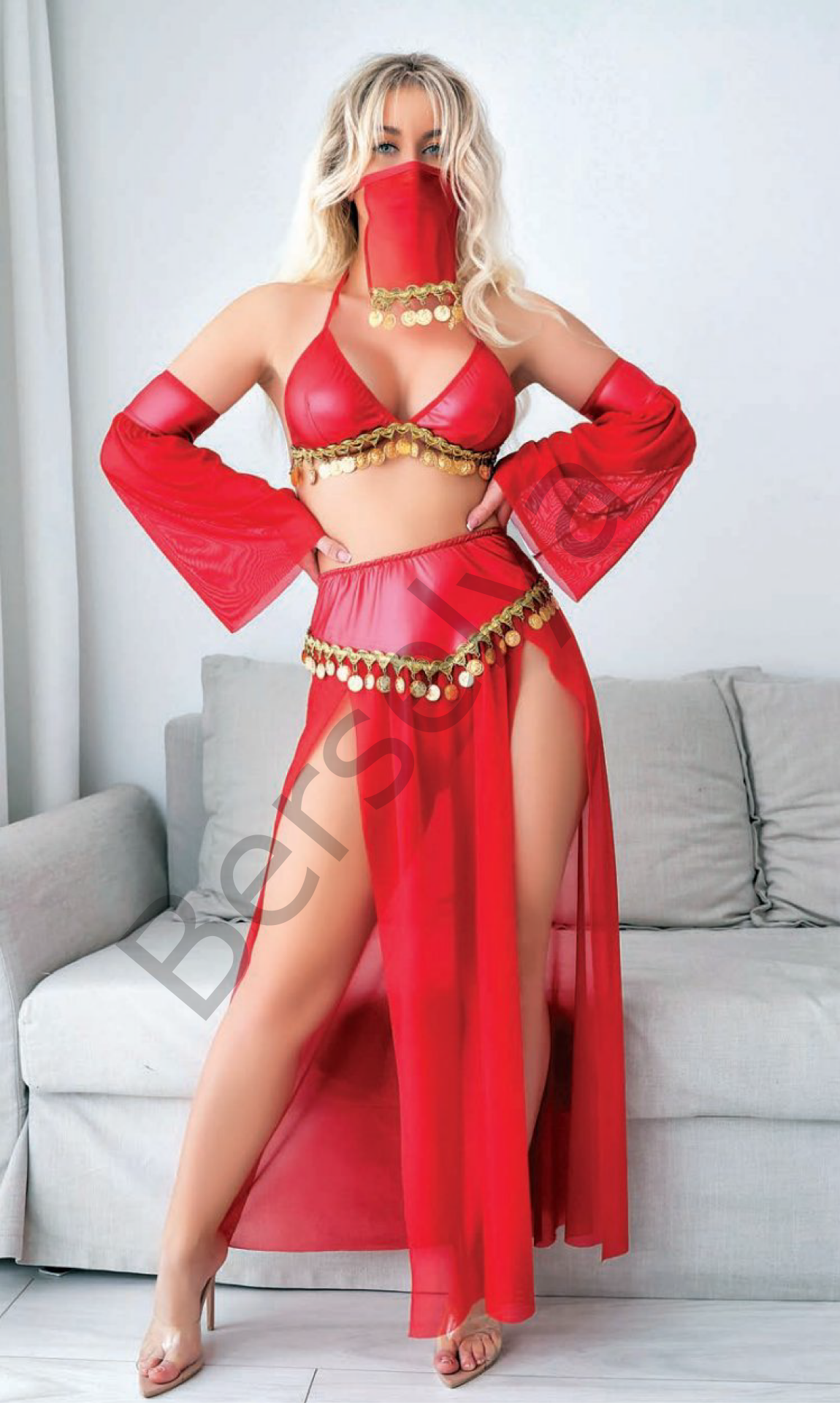 Kırmızı Peçeli Seksi Dansöz Kostümü