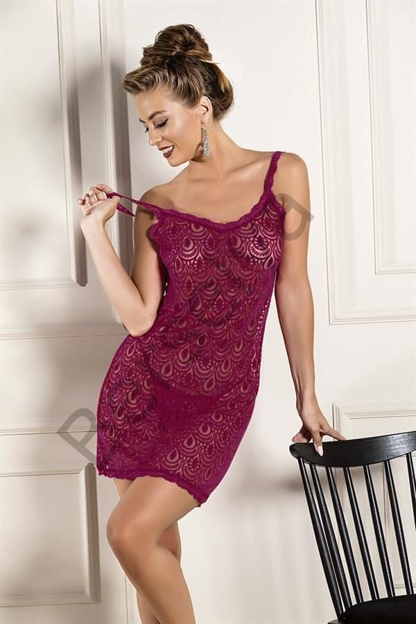 Devore Transparan Babydoll String Takım Bordo (31842)