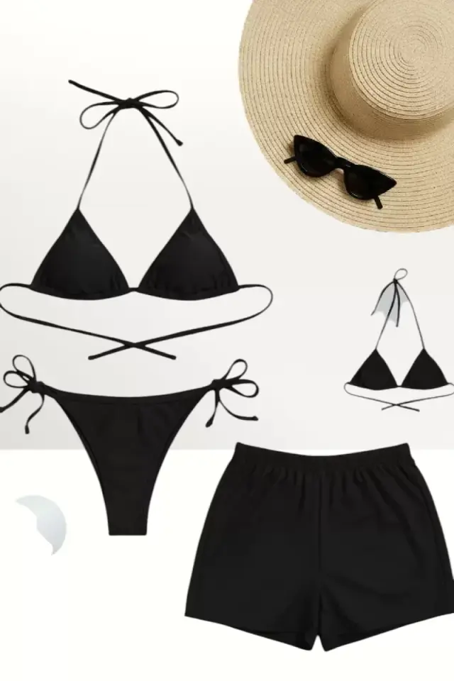 Siyah 3’lü Bikini Takımı Şortlu Yandan Bağlamalı Üçgen Üst Esnek Kadın Mayo