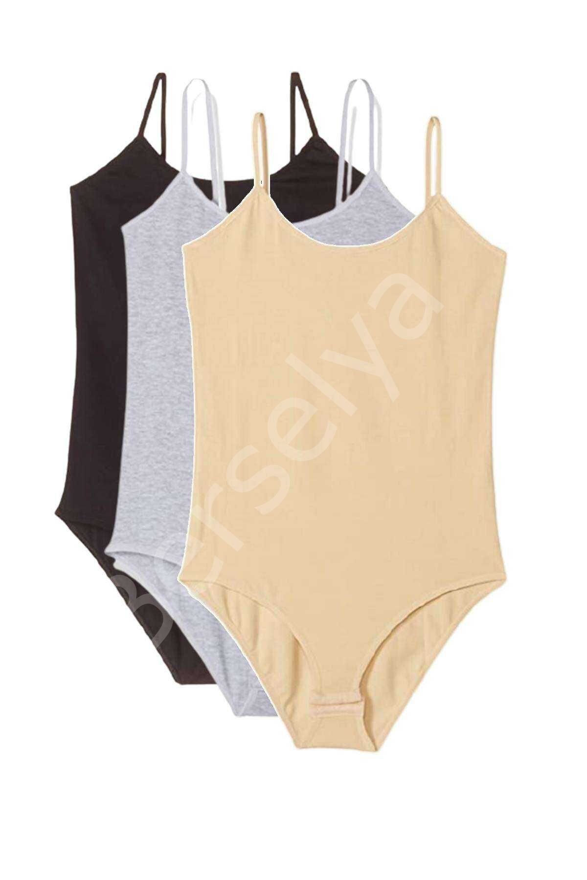 3 Adet İp Askılı Kadın Çıtçıtlı Body Siyah Gri Ten