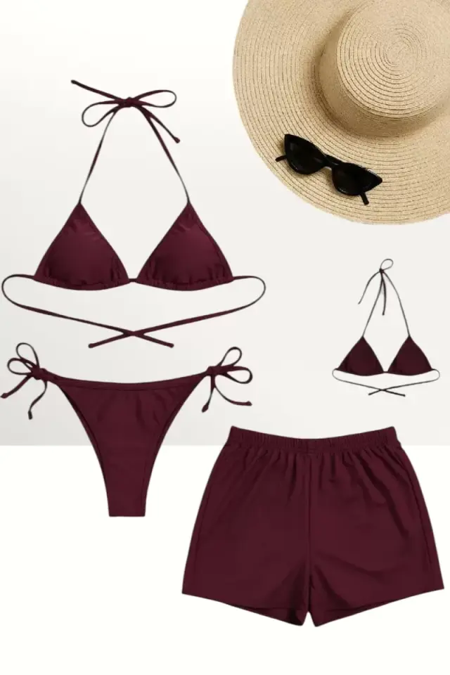 Bordo 3’lü Bikini Takımı Şortlu Yandan Bağlamalı Üçgen Üst Esnek Kadın Mayo