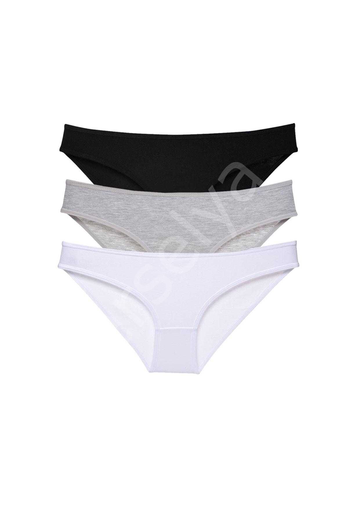 3 adet Süper Eko Set Likralı Kadın Slip Külot Siyah Gri Beyaz M