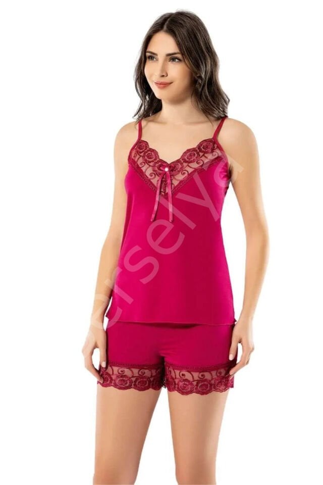 Kadın Fuşya Şortlu Takım Ev Giyim Gecelik Dantelli Pijama Uyku Kıyafeti 6341