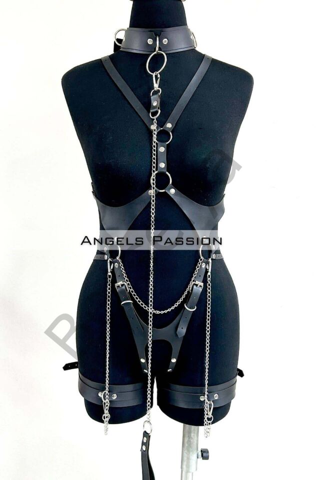 Tasma Ve Zincir Detaylı Şık Deri Harness, Deri Fantezi Giyim- Brf1225