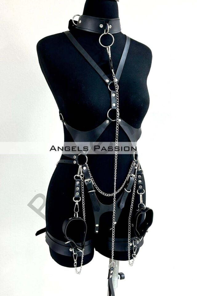 Tasma Ve Zincir Detaylı Şık Deri Harness, Deri Fantezi Giyim- Brf1225