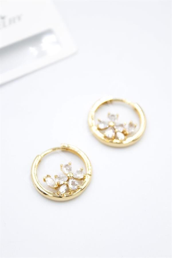 Taşlı Çiçek Küpe - Altın