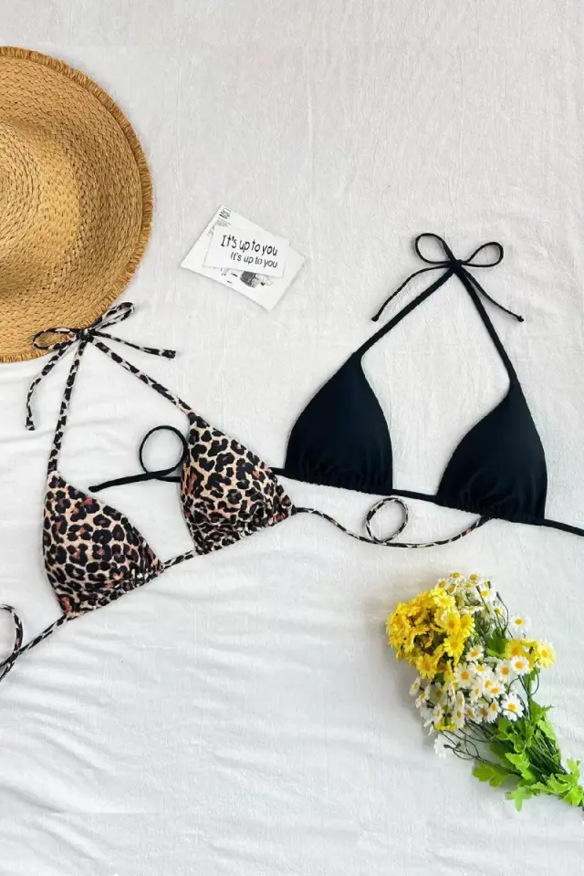 Leopar Desenli Ve Siyah 2’li Üçgen Bikini Üstü Seti Bağlamalı Minimal Kesim Kadın Mayo Üstü