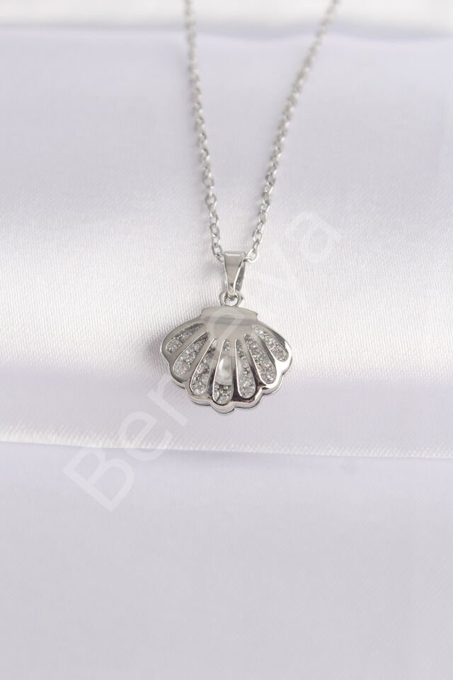 316L Çelik Zincir Gümüş Renk Zirkon Taşlı İnci Detay İstiridye Kolye