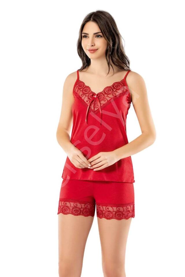 Kadın Kırmızı Şortlu Takım Ev Giyim Gecelik Dantelli Pijama Uyku Kıyafeti 6341
