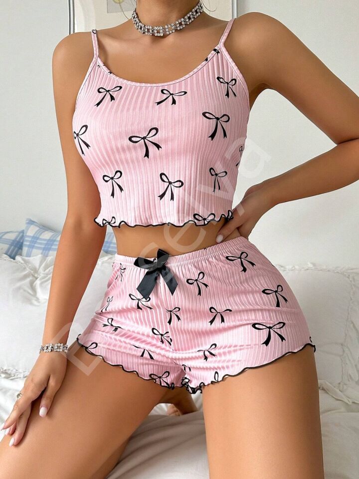 Kadın Siyah  Fiyonklu Şortlu Takım Mini Pembe Rahat
