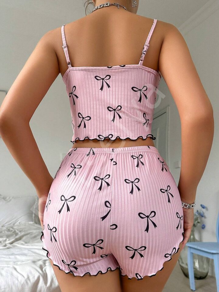 Kadın Siyah  Fiyonklu Şortlu Takım Mini Pembe Rahat