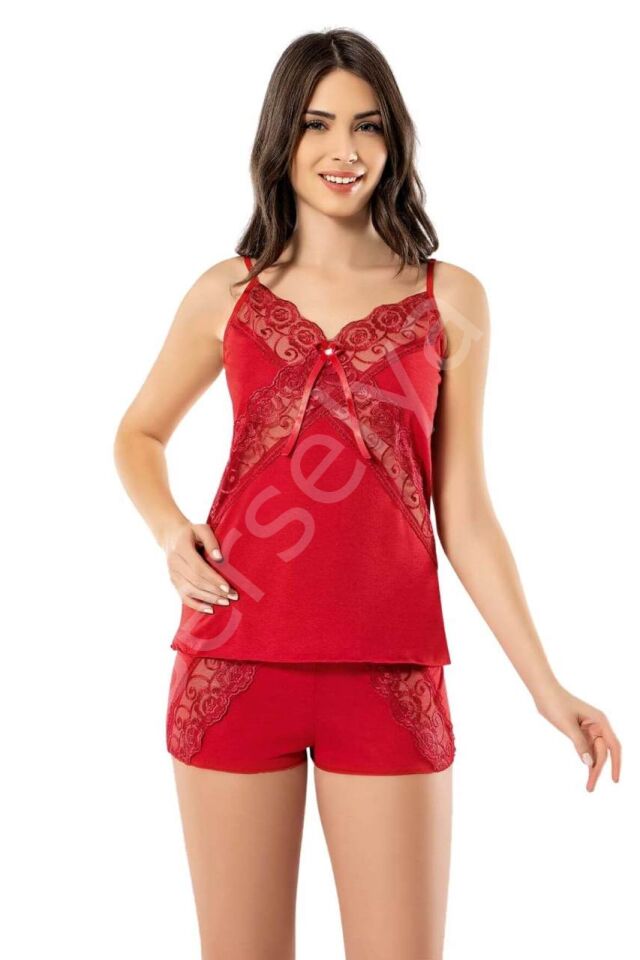 Kadın Kırmızı Çapraz Dantelli Şortlu Takım Ev Giyim Pijama Gecelik 6339