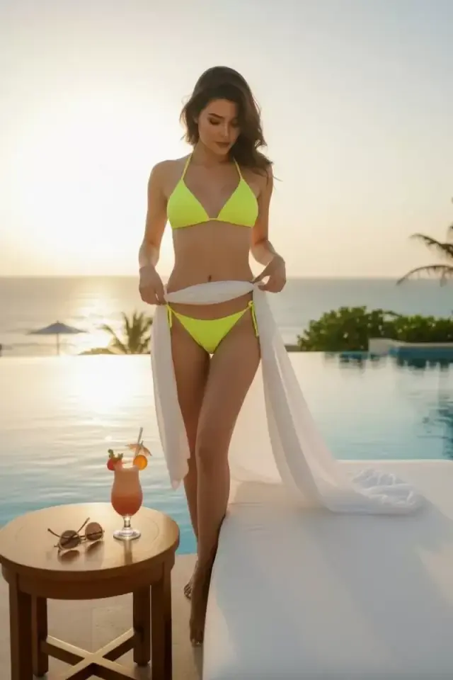 Kadın Fosforlu Yandan Bağlama Detaylı Zarif Bikini Mayo Takımı Özel Tasarım