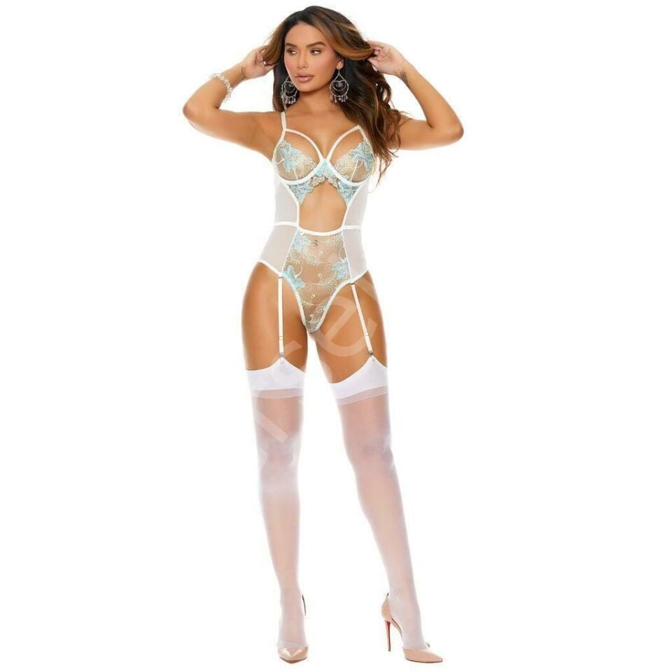 Mavi Çiçek Desenli Dantel İşlemeli Beyaz Fantezi Body Jartiyer Takımı