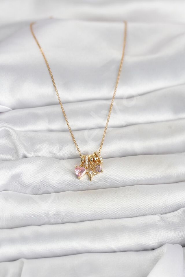 316L Çelik Gold Pembe Zirkon Taşlı Charmlı Kadın Kolye