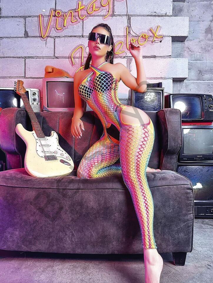 Gökkuşağı Desenli Fileli Fantezi Vücut Çorabı