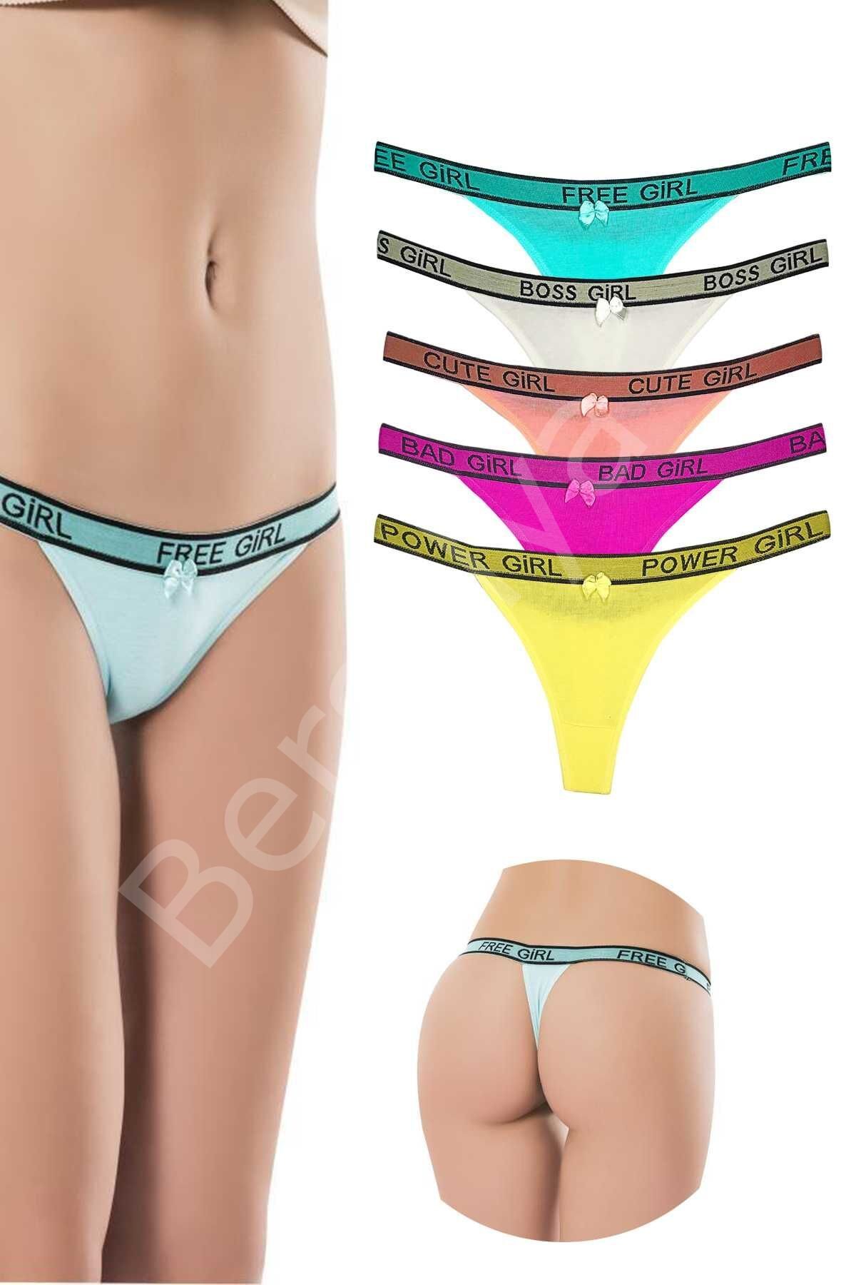 5 Adet Beli Yazılı Pamuk Kadın Tanga String Külot