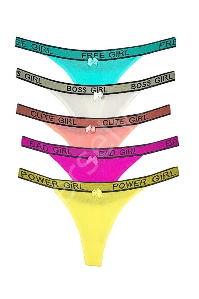 5 Adet Beli Yazılı Pamuk Kadın Tanga String Külot