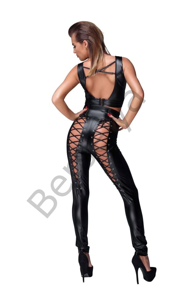 Siyah Dekolteli Fantezi Deri Tulum