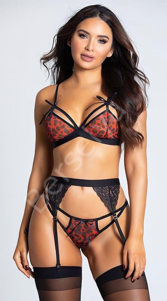 Özel Tasarım Leopar Desenli Dekolteli Fantezi Jartiyer Takımı